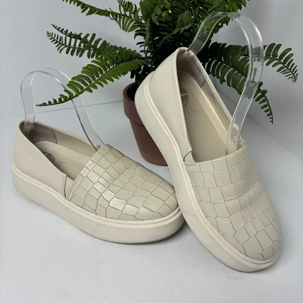 Vince Shoe Warren Platform Slip-on Sneaker Croc‎ Embossed Leather Goring Cream